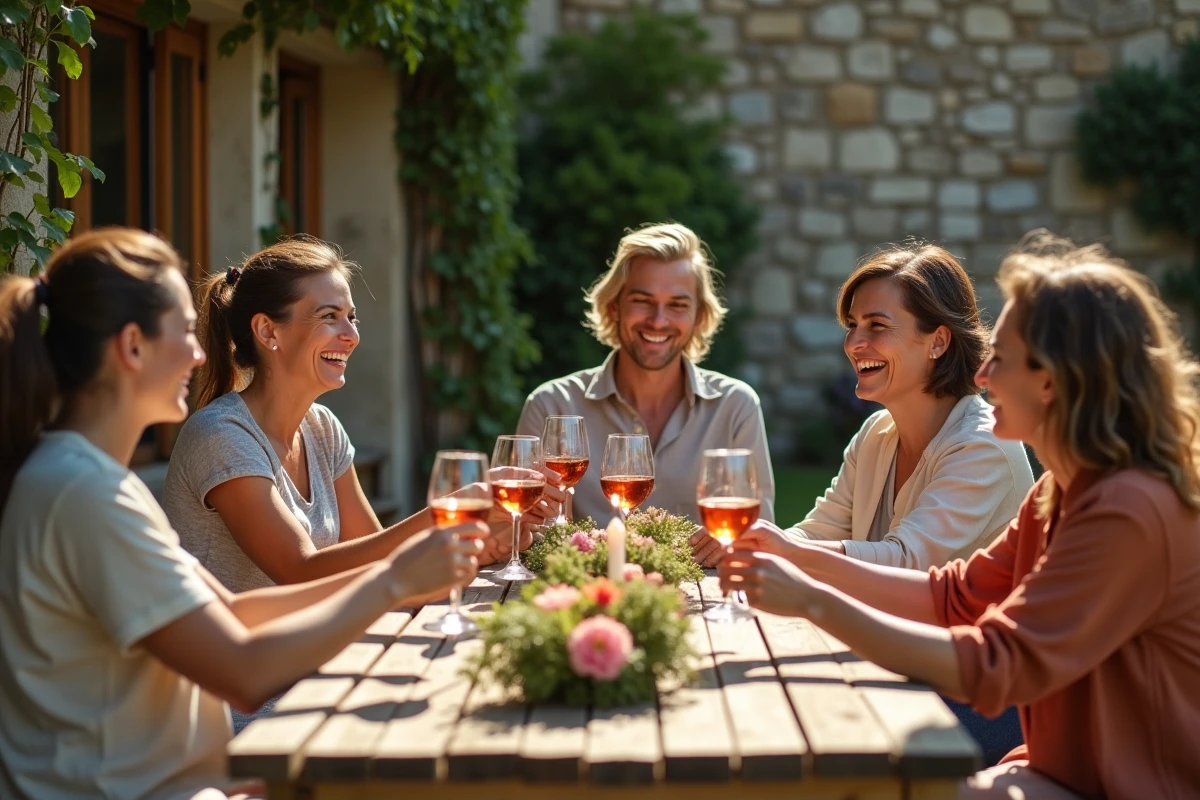 Groupe d'adultes fêtant un anniversaire autour d'une table en bois dans un jardin, portant des verres à vin et riant ensemble