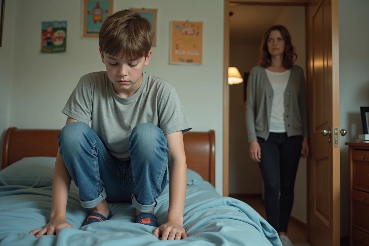 Adolescent pensif dans sa chambre avec une femme à la porte