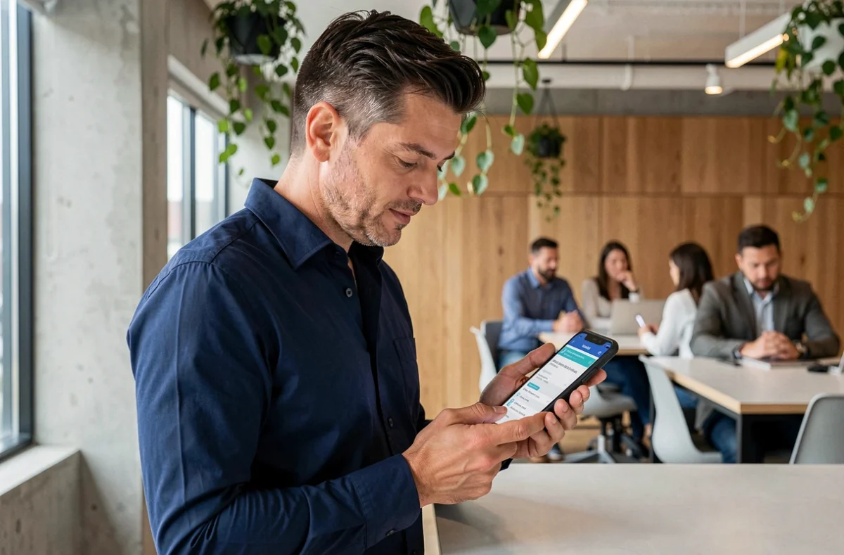 Homme consultant une page d'aide Proxima sur son smartphone dans un espace de coworking moderne