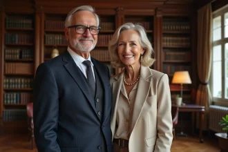Couple élégant dans un appartement parisien classique, évoquant la vie privée d'un homme politique français à la retraite et son épouse