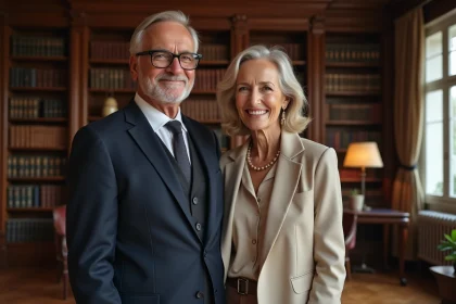 Couple élégant dans un appartement parisien classique, évoquant la vie privée d'un homme politique français à la retraite et son épouse