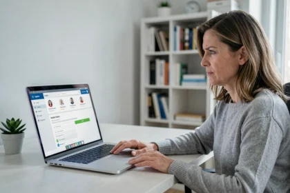 Femme utilisant un ordinateur portable pour accéder à l'assistance de son compte Proxima depuis un bureau à domicile moderne