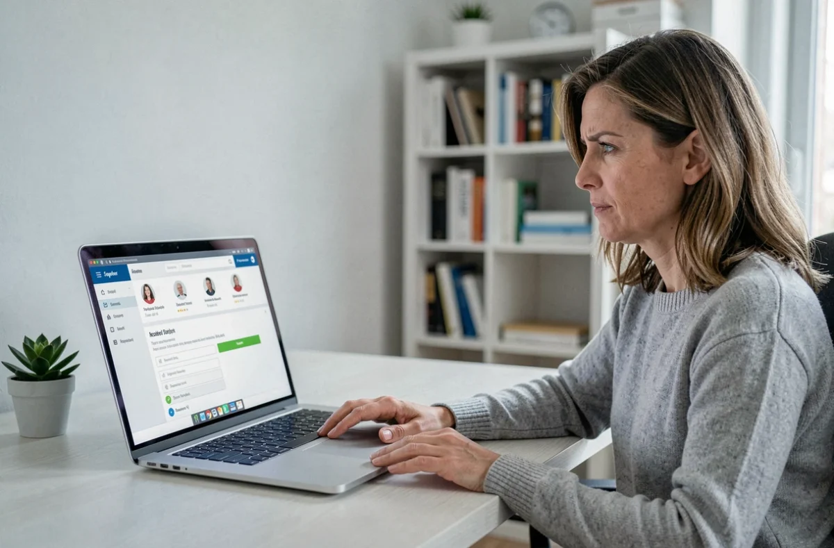 Femme utilisant un ordinateur portable pour accéder à l'assistance de son compte Proxima depuis un bureau à domicile moderne