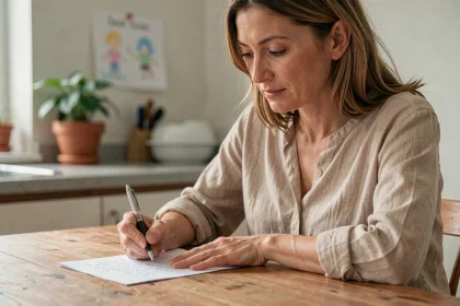 Assistante maternelle rédigeant une lettre de rupture de contrat à la table de sa cuisine, expression sereine et posée