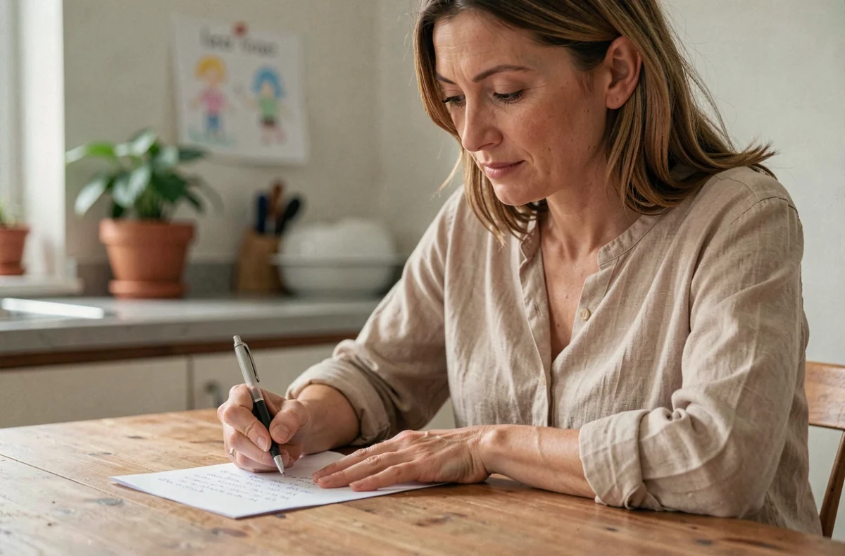 Assistante maternelle rédigeant une lettre de rupture de contrat à la table de sa cuisine, expression sereine et posée