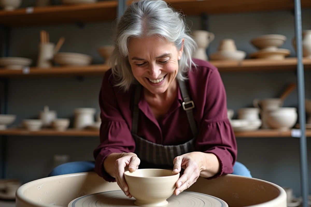 Femme d'une cinquantaine d'années souriante en train de faire de la poterie lors d'un atelier d'anniversaire pour adultes