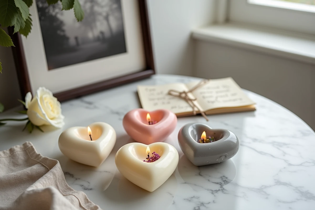 Autel funèbre maison avec trois bougies artisanales en forme de cœur, photo encadrée, note manuscrite et rose blanche sur marbre