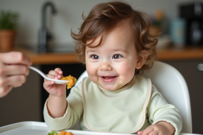 Bebe fille curieuse mangeant de la purée de légumes