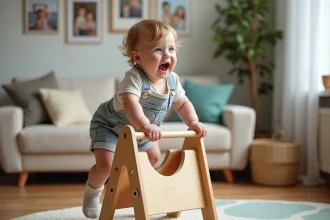 Bébé garçon de 14 mois grimpe confiant sur une structure en bois