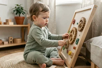 Petite fille de 18 mois explorant une busy board Montessori en bois sur un tapis en laine dans une chambre minimaliste scandinave