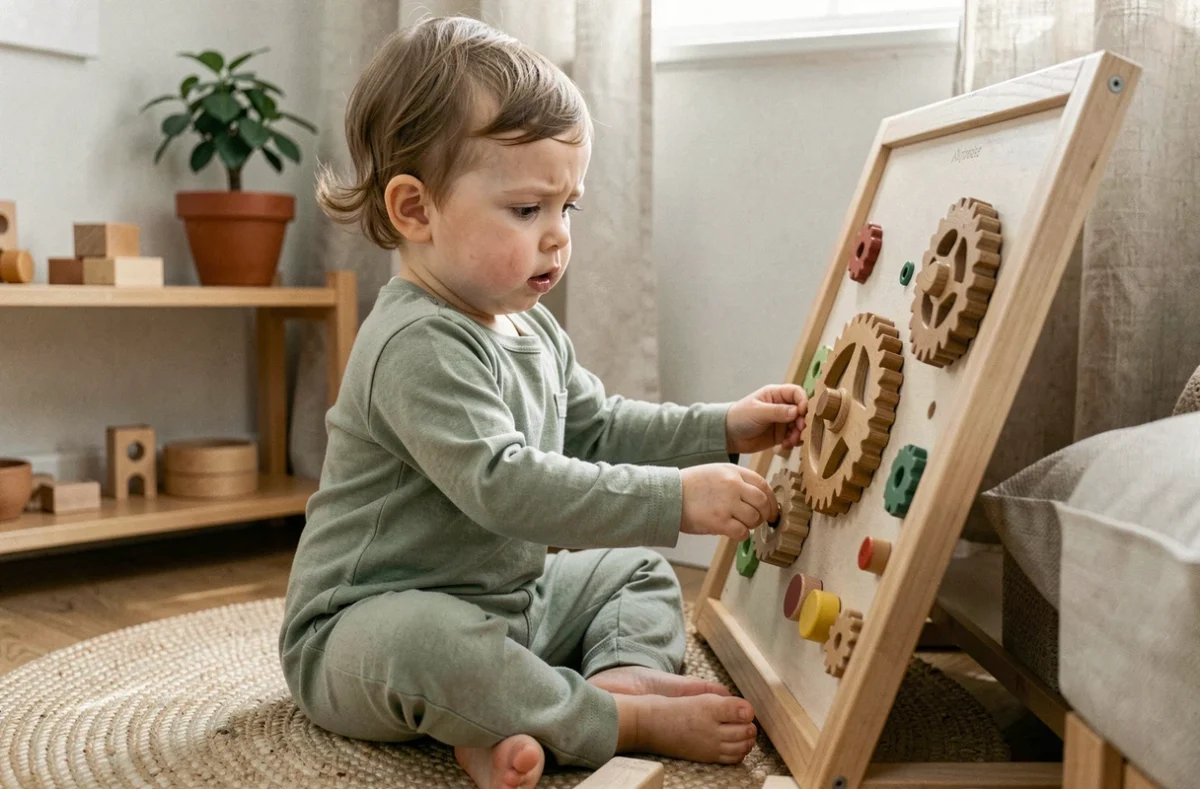 Petite fille de 18 mois explorant une busy board Montessori en bois sur un tapis en laine dans une chambre minimaliste scandinave