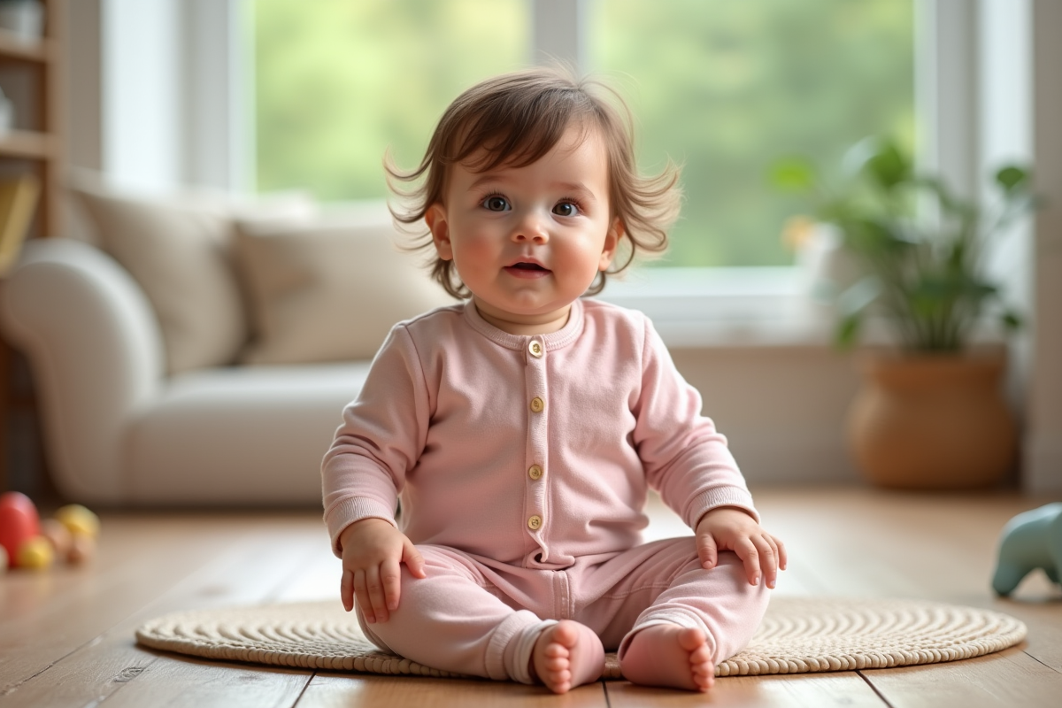 Bébé fille de 7 mois assise sur tapis de jeu intérieur