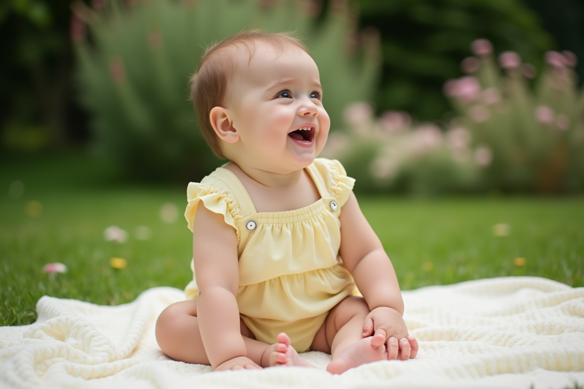 Bébé fille souriante en extérieur dans un jardin vert