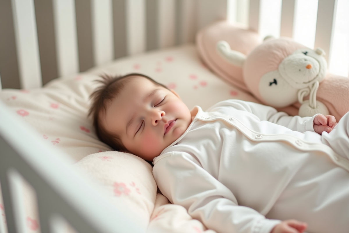 Bébé fille de 7 semaines dormant paisiblement dans un lit en bois blanc