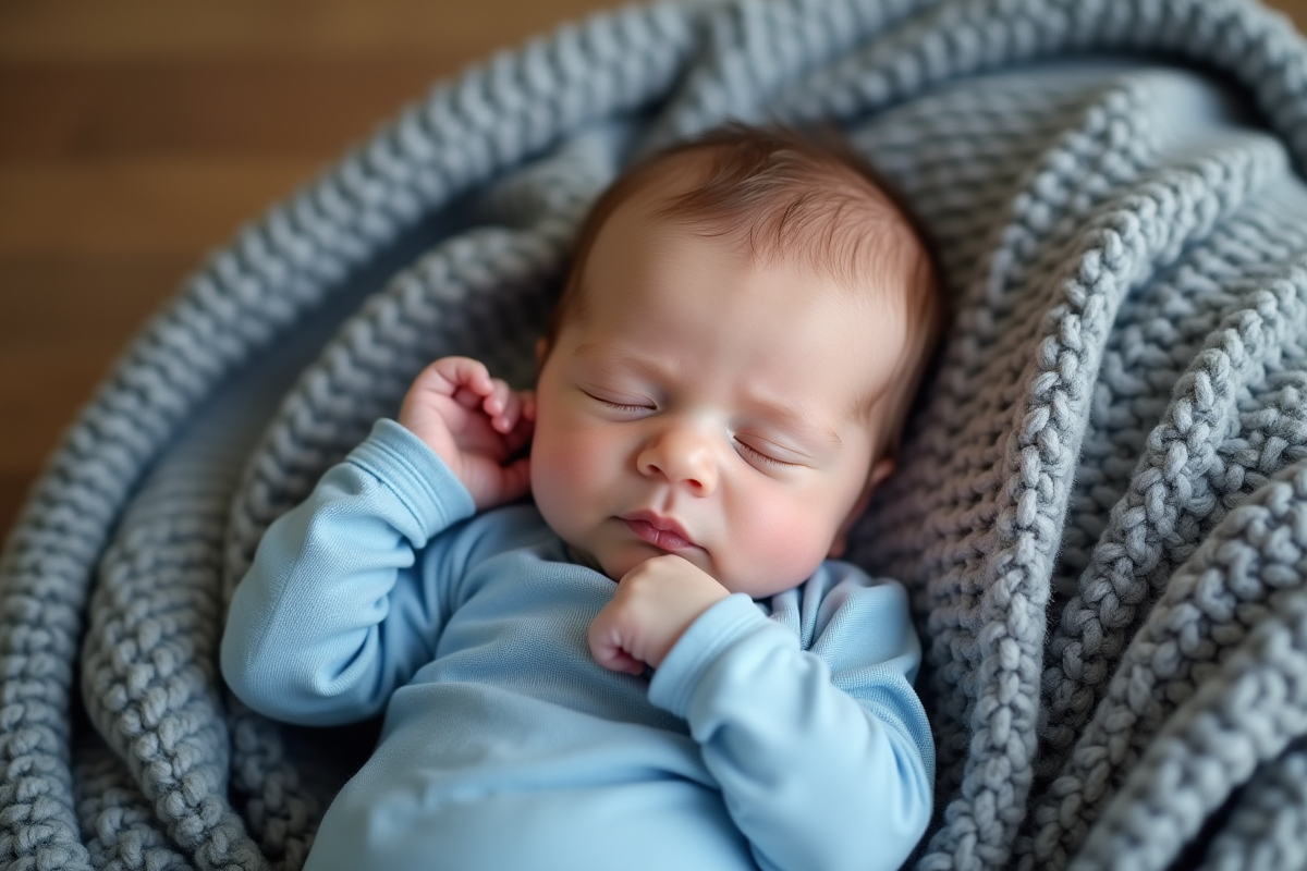 Bébé garçon de 7 semaines reposant sur une couverture grise dans le salon