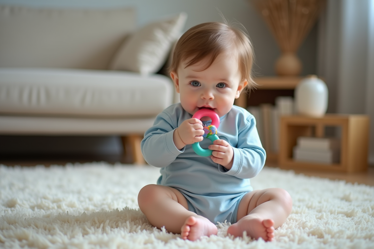 Bébé de 10 mois mordant une tétine colorée dans un salon cosy
