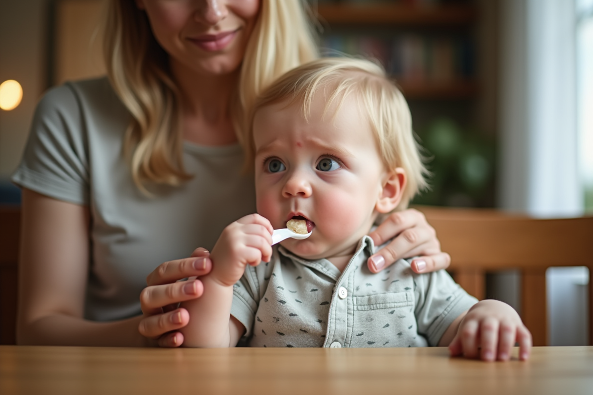 Bebe garçon découvrant ses premiers solides avec sa mère