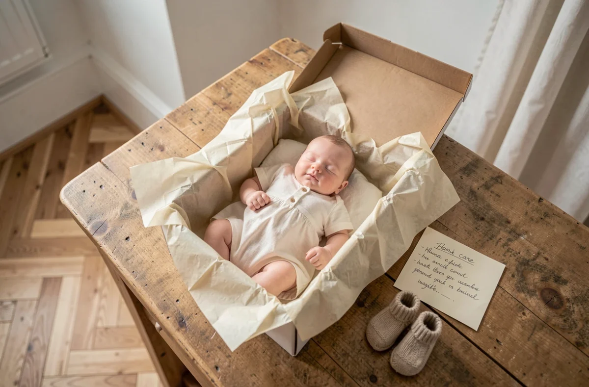 Bébé reborn réaliste présenté dans une boîte cadeau ouverte sur une table en bois avec des chaussons tricotés, dans un intérieur scandinave épuré