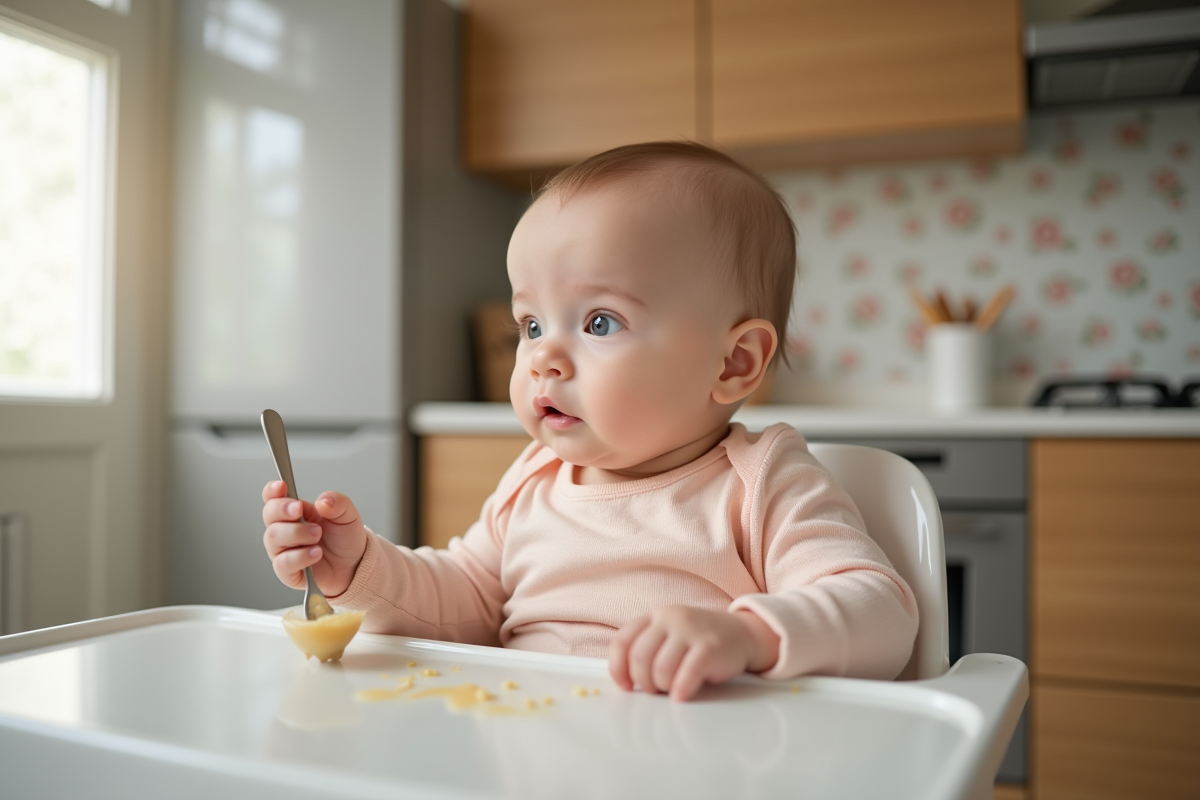 Bébé de 4 mois dans une chaise haute regardant une cuillère
