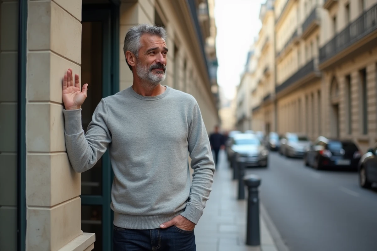 Homme dans la cinquantaine à l'entrée d'un immeuble parisien, posture entre vie publique et espace privé, style éditorial urbain