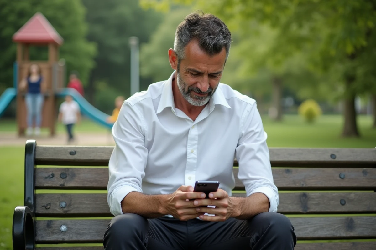 Homme élégant assis sur un banc de parc regardant son téléphone, aire de jeux floue en arrière-plan, moment privé dans un espace public