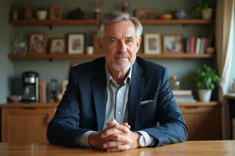 Homme élégant dans la cinquantaine assis dans sa cuisine familiale, regard pensif, évoquant la frontière entre vie publique et vie privée