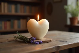 Bougie artisanale en forme de cœur posée sur une table en bois, hommage funèbre fait main avec brindille de lavande séchée