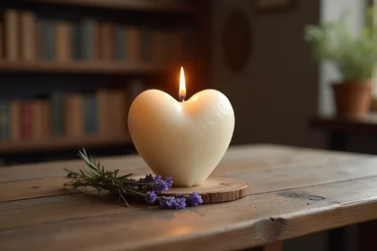 Bougie artisanale en forme de cœur posée sur une table en bois, hommage funèbre fait main avec brindille de lavande séchée