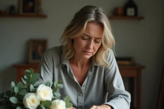 Femme déposant un bouquet de roses blanches et une note manuscrite en mémoire de sa tante décédée