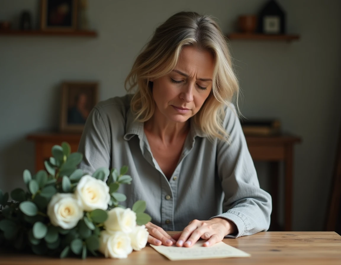 Femme déposant un bouquet de roses blanches et une note manuscrite en mémoire de sa tante décédée