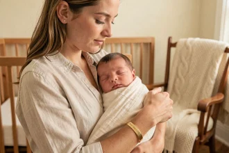 Maman tenant son nouveau-né portant un bracelet de naissance en or gravé dans une chambre de bébé cosy