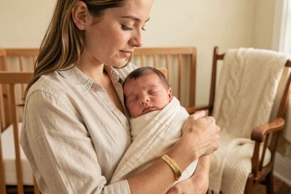 Maman tenant son nouveau-né portant un bracelet de naissance en or gravé dans une chambre de bébé cosy