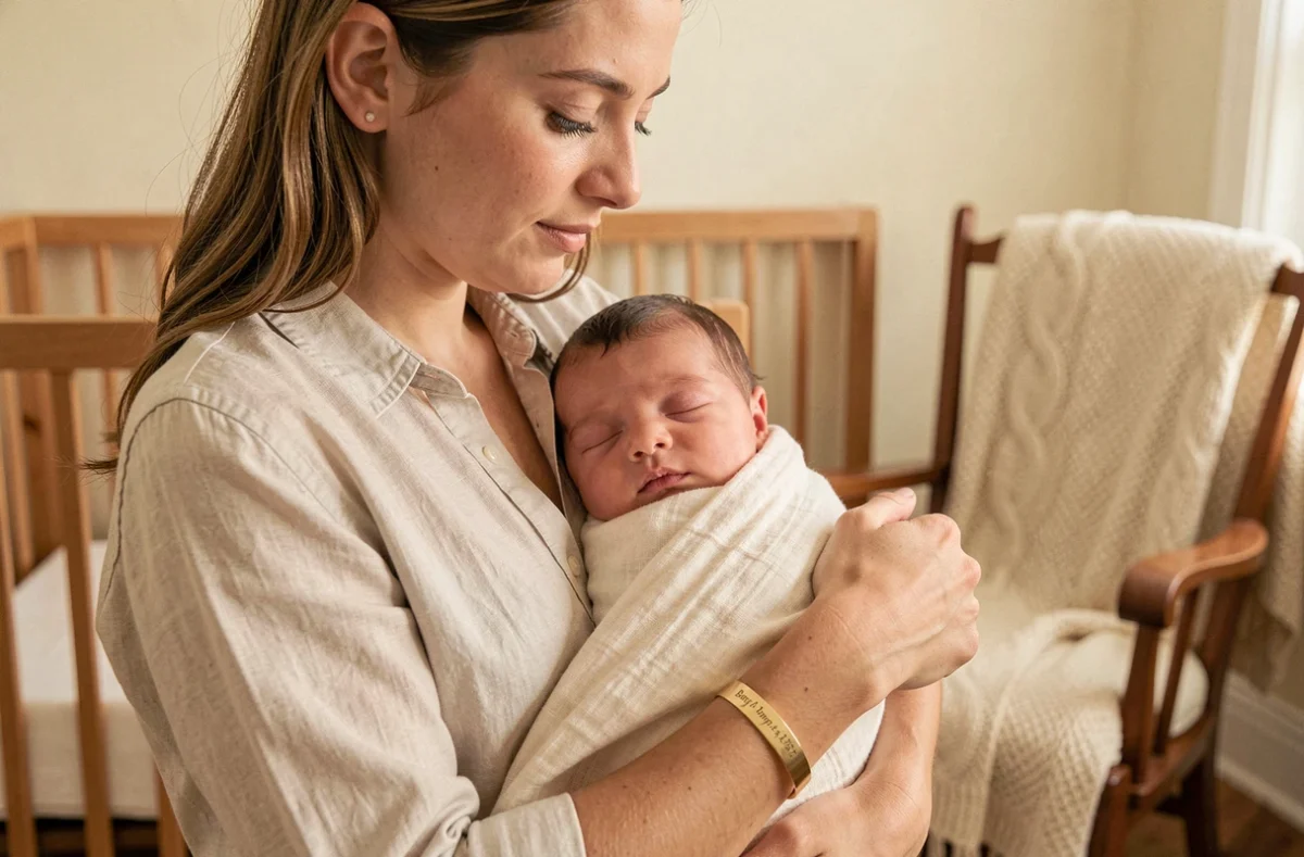 Maman tenant son nouveau-né portant un bracelet de naissance en or gravé dans une chambre de bébé cosy