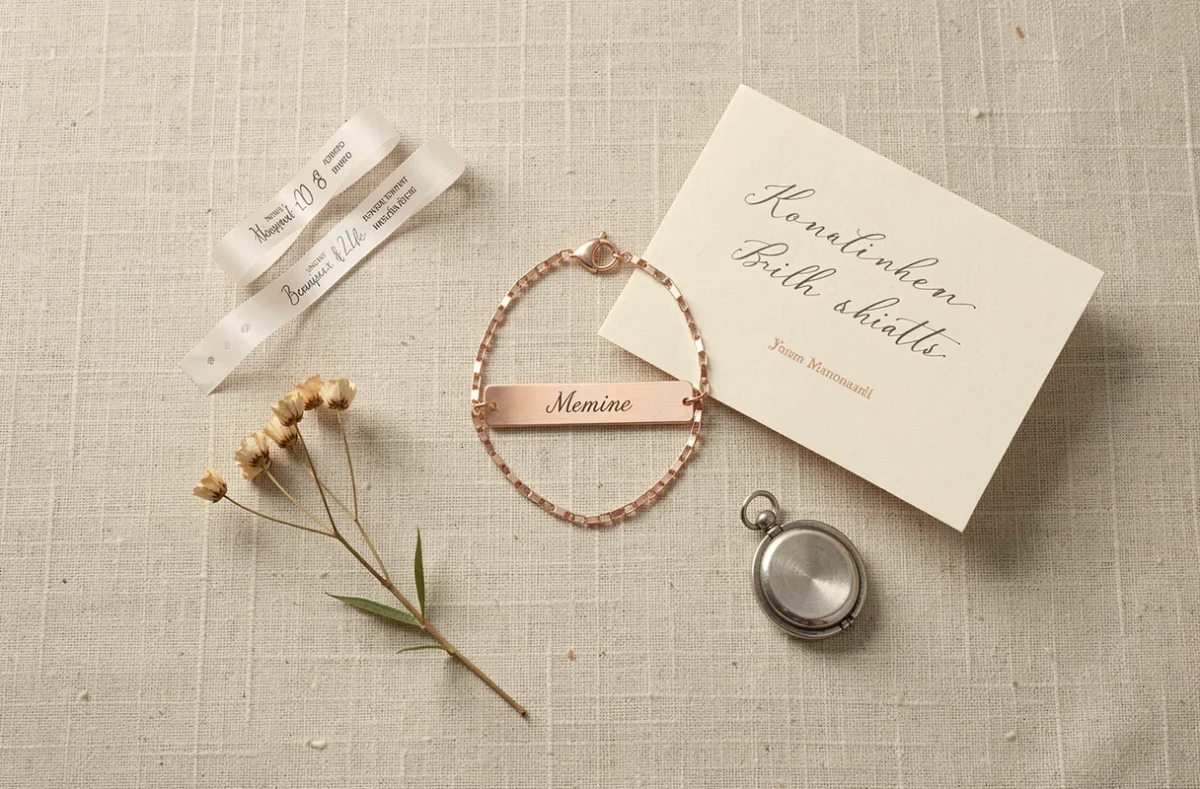 Flat lay d'un bracelet de naissance en or rose gravé entouré de souvenirs familiaux sur lin naturel