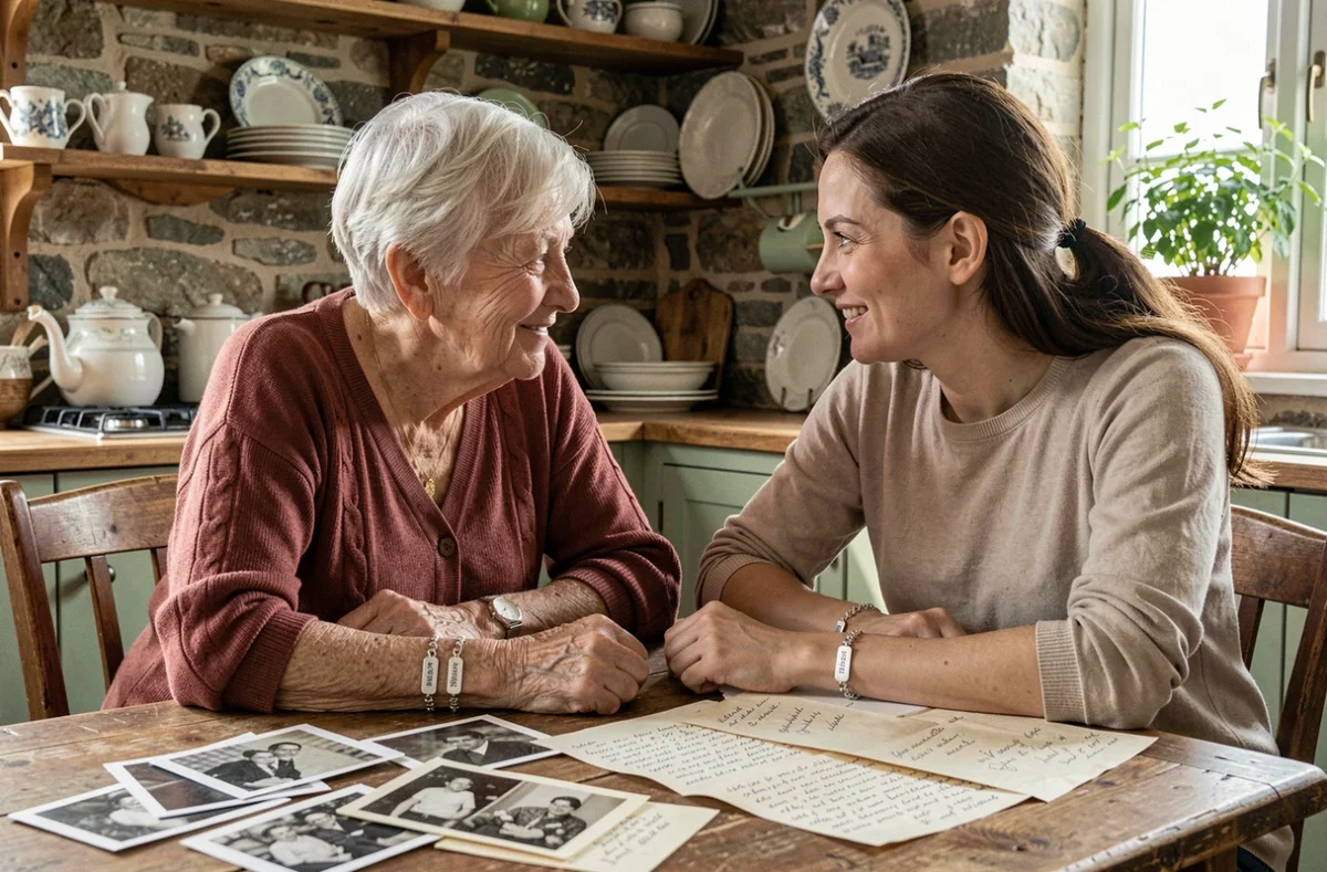 Grand-mère et sa fille portant des bracelets de naissance assortis en argent autour d'une table en bois avec des photos de famille
