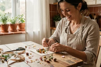 Femme préparant un bricolage fête des mères avec des fleurs séchées et une carte faite main sur une table en bois rustique