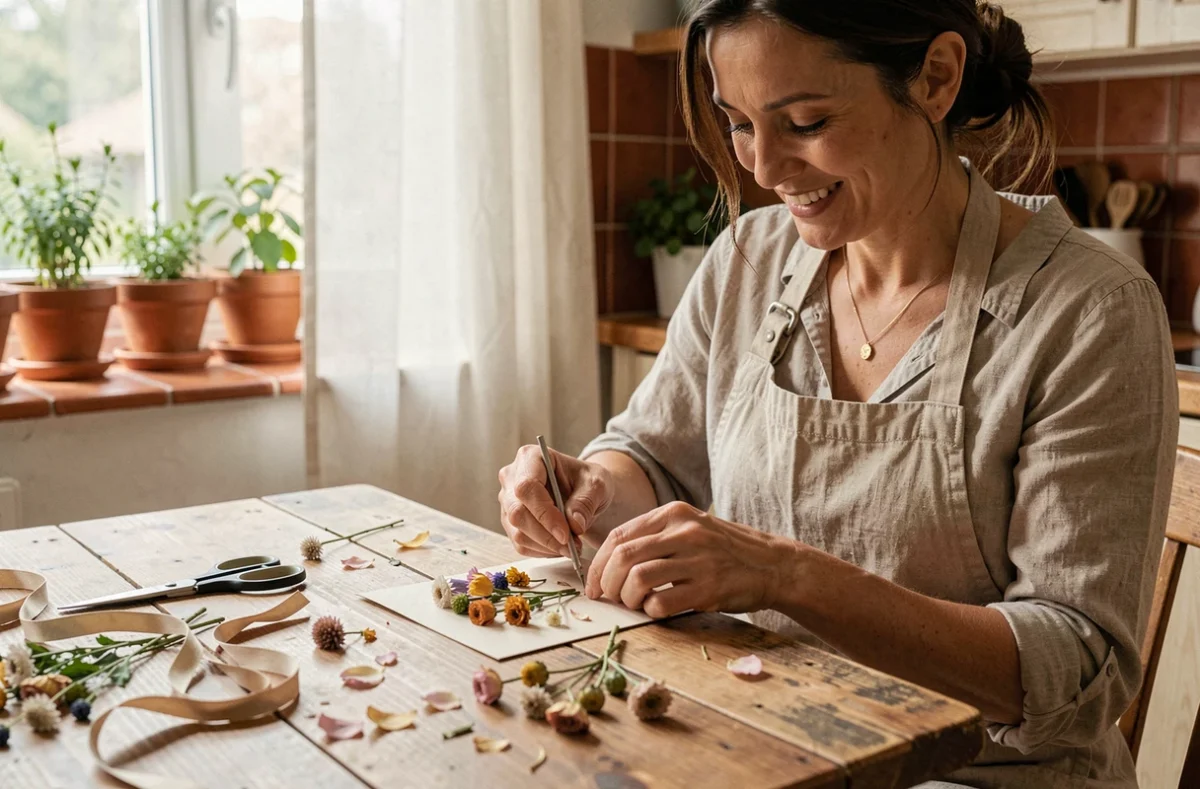 Femme préparant un bricolage fête des mères avec des fleurs séchées et une carte faite main sur une table en bois rustique