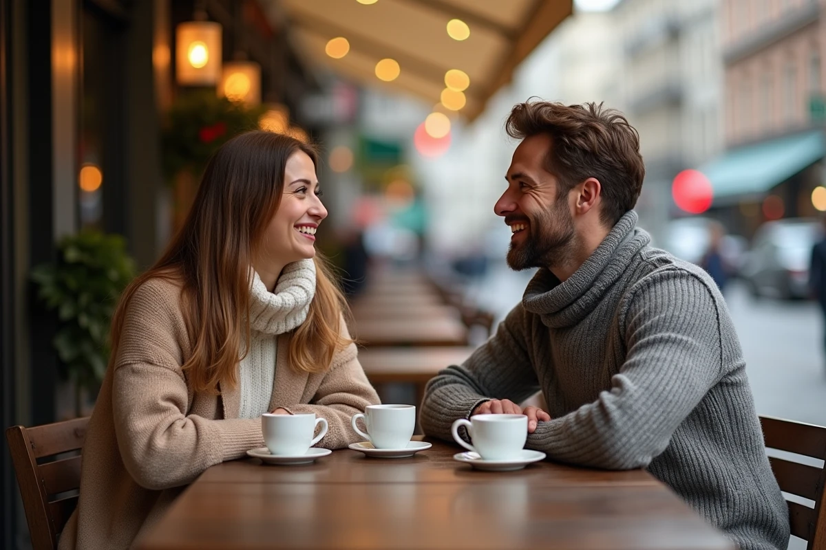 Homme et femme discutent au café en automne