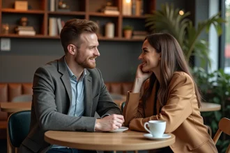 Deux personnes discutent sincèrement dans un café chaleureux