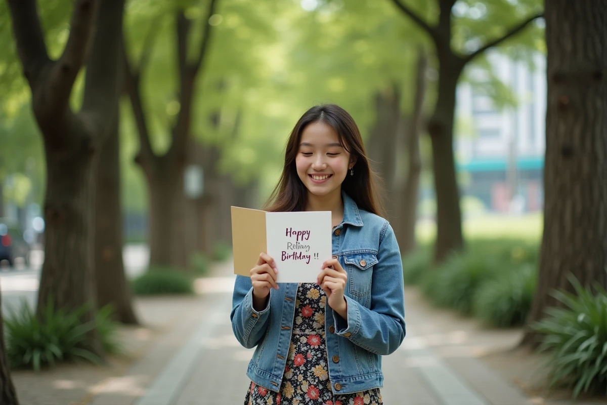 Jeune femme de 20 ans lisant sa citation d'anniversaire personnalisée dans une carte manuscrite dans un parc urbain verdoyant