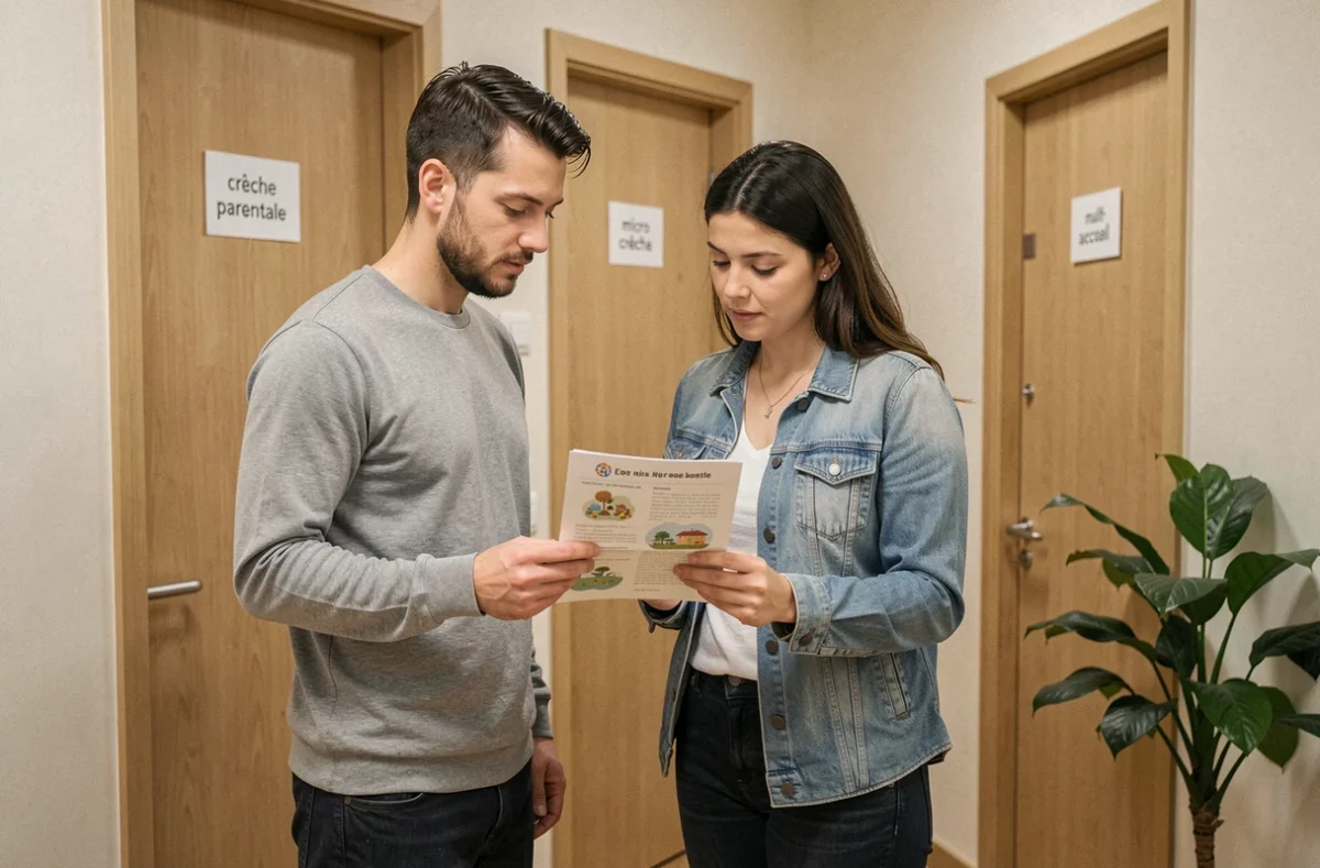 Deux parents en train de comparer les options entre crèche parentale, micro-crèche et multi-accueil dans un couloir de structure d'accueil