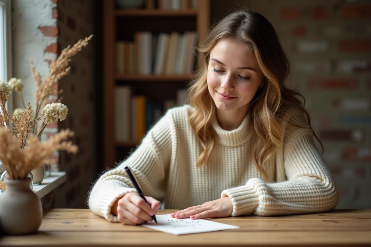 Jeune femme de 20 ans écrivant à la main une citation d'anniversaire personnalisée sur une carte élégante avec un stylo plume vintage