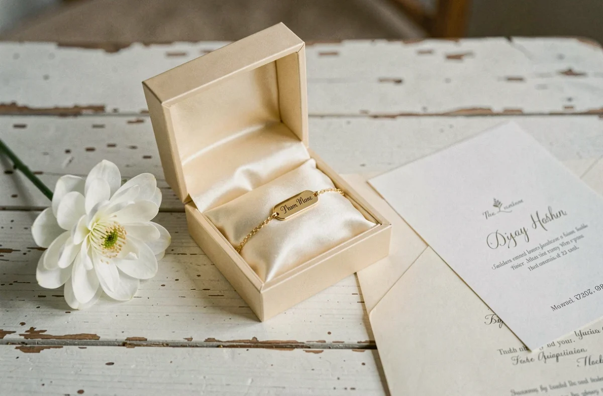 Coffret cadeau de baptême avec gourmette en or gravée au prénom, fleur blanche et carte