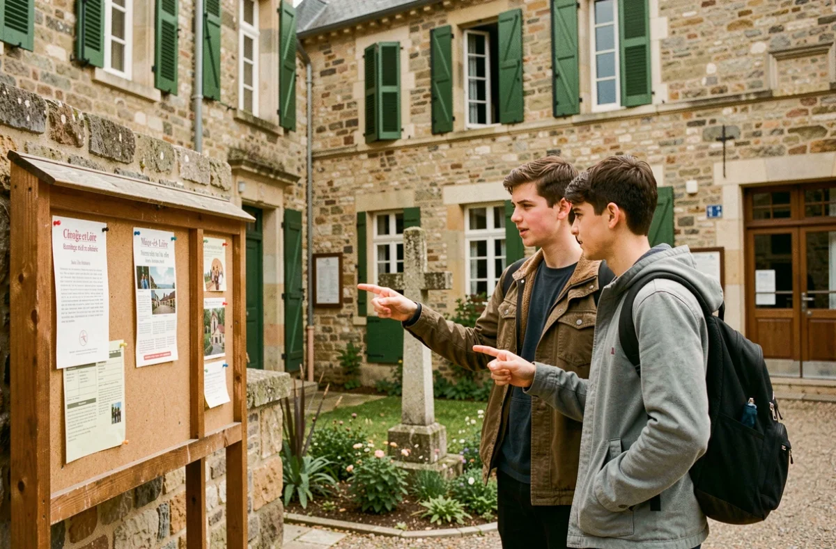 Élèves devant le panneau d'affichage du Collège Saint-André en Maine-et-Loire