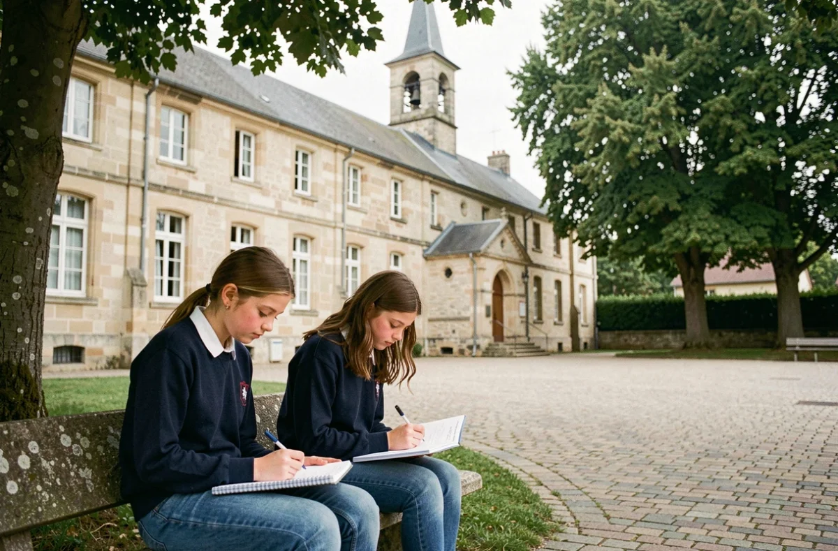 Élèves du Collège Sainte-Anne de Saumur assises dans la cour devant le bâtiment