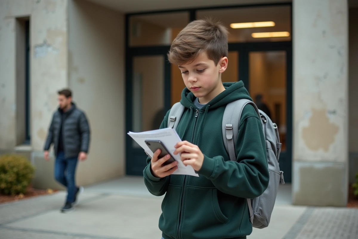 Collégien consultant les coordonnées de l'assurance scolaire MAE devant son établissement