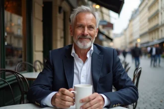 Homme élégant attablé seul en terrasse de café parisien, tenant un espresso dans une ambiance discrète et raffinée