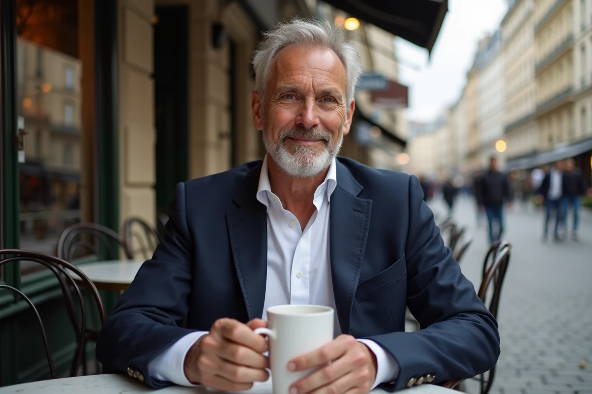 Homme élégant attablé seul en terrasse de café parisien, tenant un espresso dans une ambiance discrète et raffinée