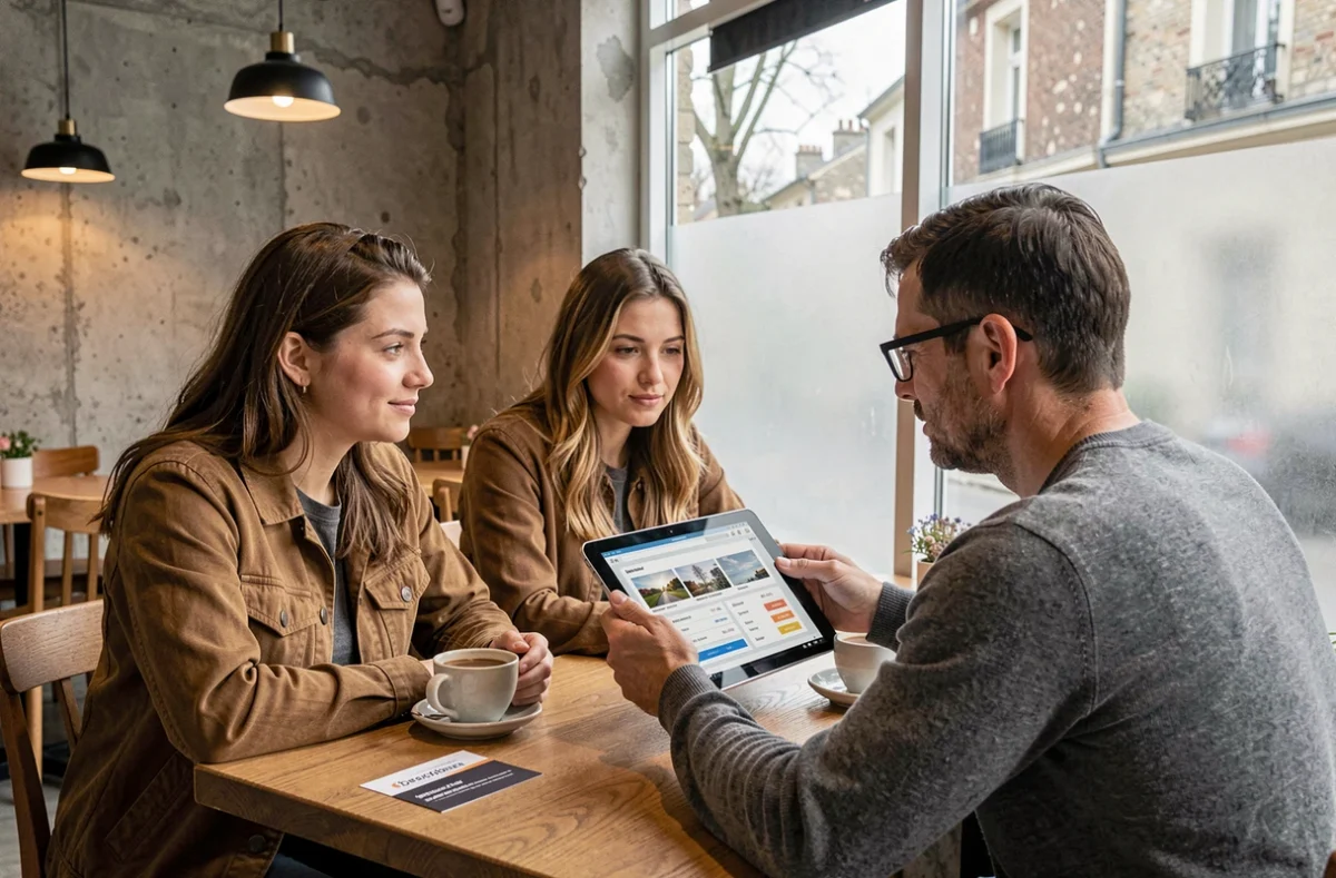 Couple discutant du budget photo avec un photographe à Sevran autour d'un café