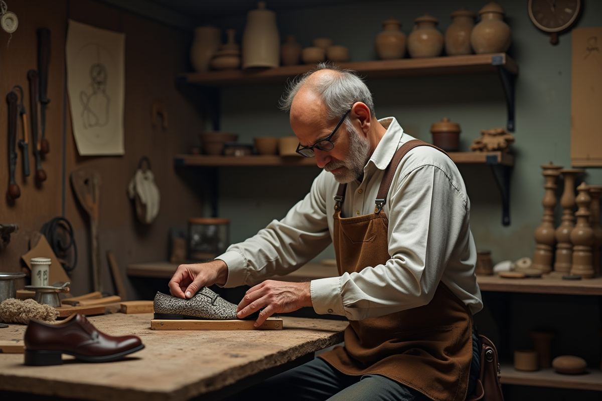 Cordonniers mesurant une slipper dans son atelier artisanal